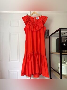 WHIT red‎ cotton ruffle sleeveless keyhole back peplum hem midi dress